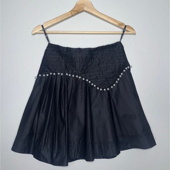 Aje Florence Pearl Trim Pleated Mini Skirt Black Size 4 A-Line Poplin Cotton - Picture 3 of 10